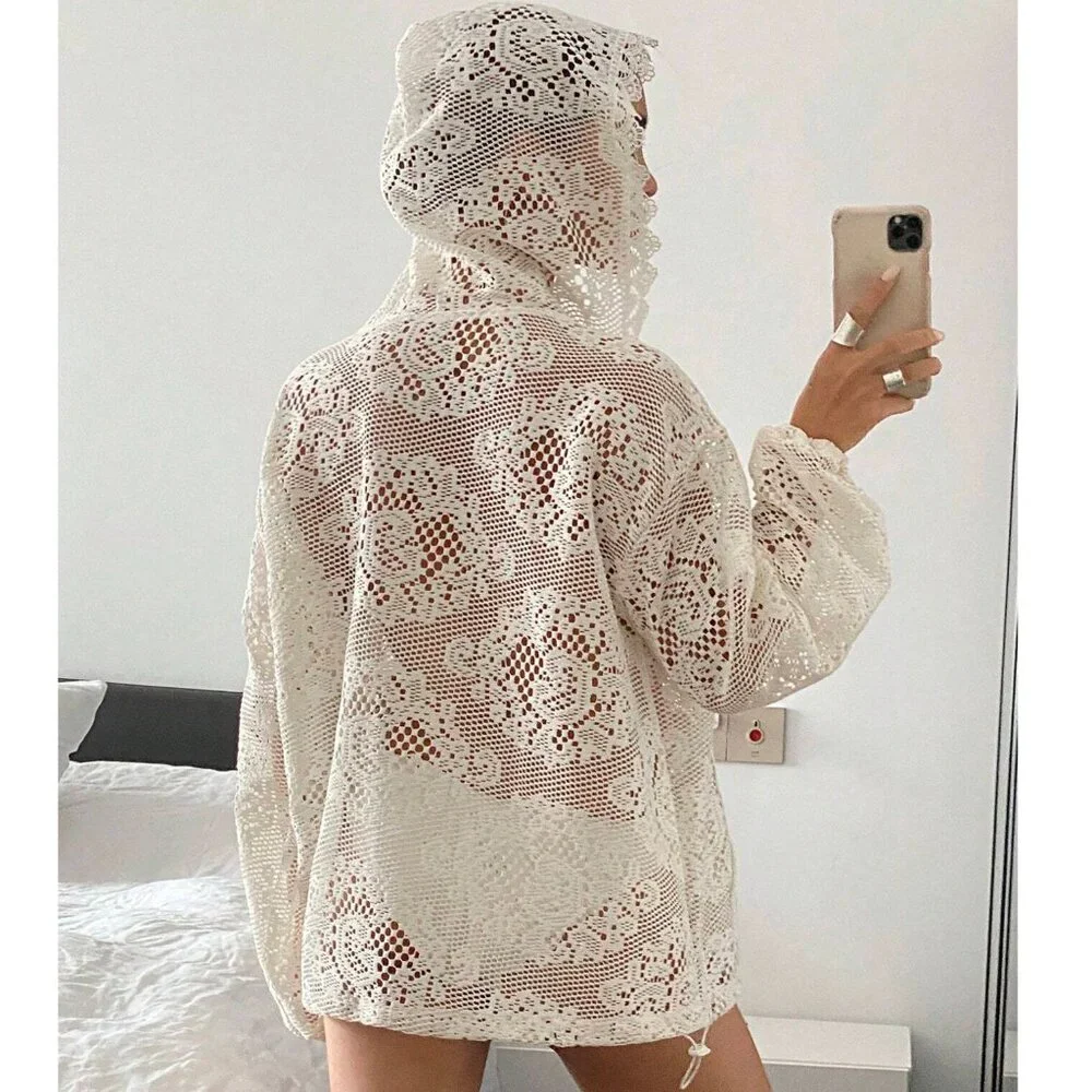 New to Posh C 🔆| Euro Style Jacquard Hooded Loose Zipper Hollow-Out Sweatshirt - Picture 3 of 8